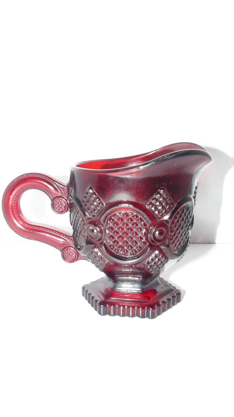 Vtg Avon Cape Cod Ruby Red Glass Creamer Pitcher w Handle Diamond  Pattern MCM